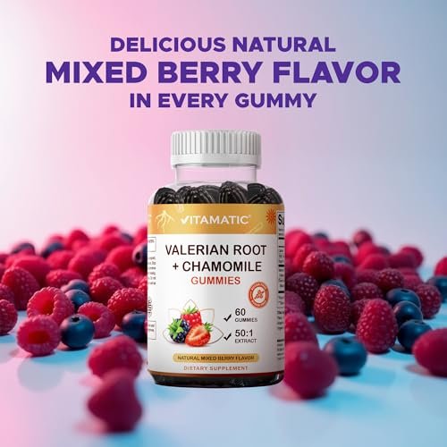 Vitamatic Baldrianwurzel & Kamille Gummis – Pflanzlicher Botanischer Extrakt – Mischbeerengeschmack – Vegan, Nicht-GVO, Glutenfrei – Nahrungsergänzungsmittel – 60 Stück
