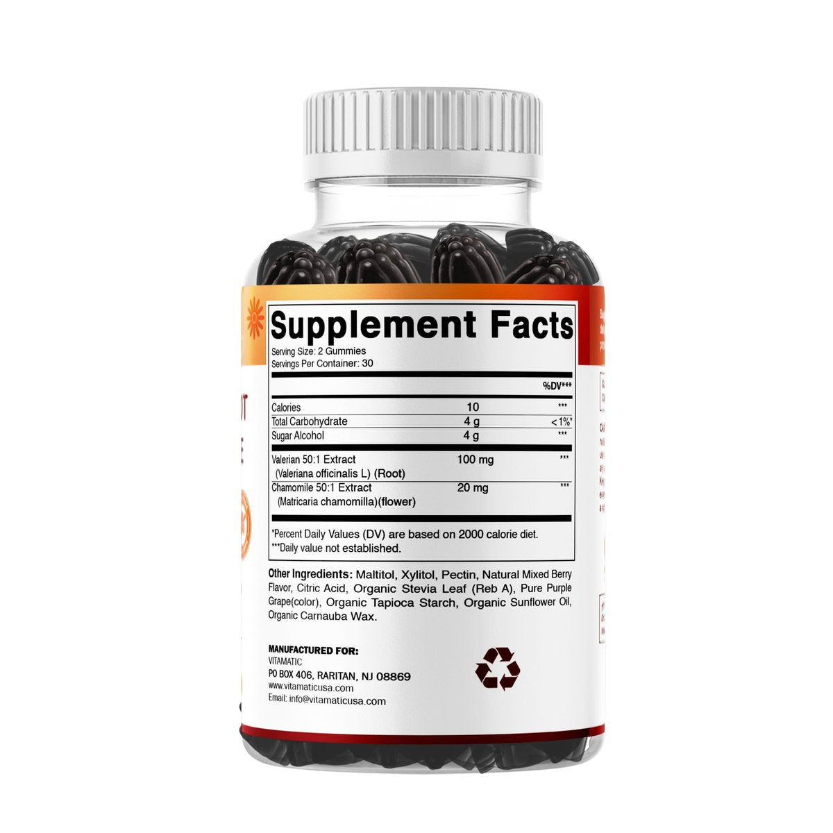 Vitamatic Baldrianwurzel & Kamille Gummis – Pflanzlicher Botanischer Extrakt – Mischbeerengeschmack – Vegan, Nicht-GVO, Glutenfrei – Nahrungsergänzungsmittel – 60 Stück