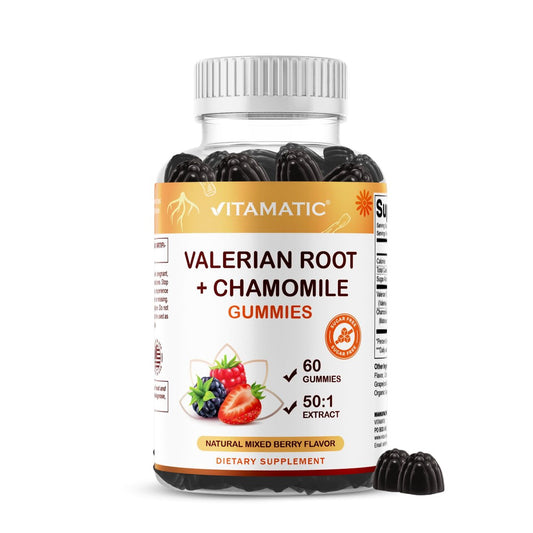 Vitamatic Baldrianwurzel & Kamille Gummis – Pflanzlicher Botanischer Extrakt – Mischbeerengeschmack – Vegan, Nicht-GVO, Glutenfrei – Nahrungsergänzungsmittel – 60 Stück
