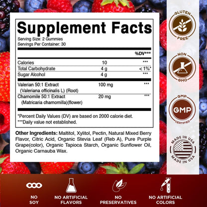 Vitamatic Baldrianwurzel & Kamille Gummis – Pflanzlicher Botanischer Extrakt – Mischbeerengeschmack – Vegan, Nicht-GVO, Glutenfrei – Nahrungsergänzungsmittel – 60 Stück