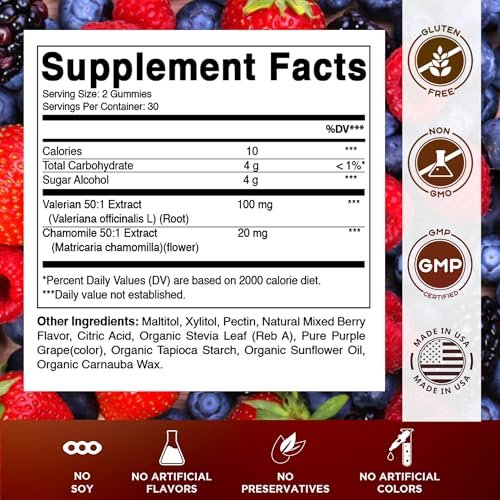 Vitamatic Baldrianwurzel & Kamille Gummis – Pflanzlicher Botanischer Extrakt – Mischbeerengeschmack – Vegan, Nicht-GVO, Glutenfrei – Nahrungsergänzungsmittel – 60 Stück