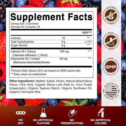 Vitamatic Baldrianwurzel & Kamille Gummis – Pflanzlicher Botanischer Extrakt – Mischbeerengeschmack – Vegan, Nicht-GVO, Glutenfrei – Nahrungsergänzungsmittel – 60 Stück