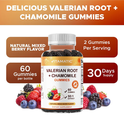 Vitamatic Baldrianwurzel & Kamille Gummis – Pflanzlicher Botanischer Extrakt – Mischbeerengeschmack – Vegan, Nicht-GVO, Glutenfrei – Nahrungsergänzungsmittel – 60 Stück