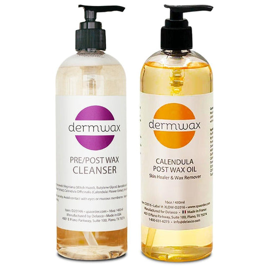 Dermwax Pre & Post Wax Care Kit – Komplette Vor- und Nachbereitung in einem Set – Reiniger entfernt Öle und Rückstände – Calendulaöl beruhigt und pflegt die Haut – Sanfte, parabenfreie Formeln