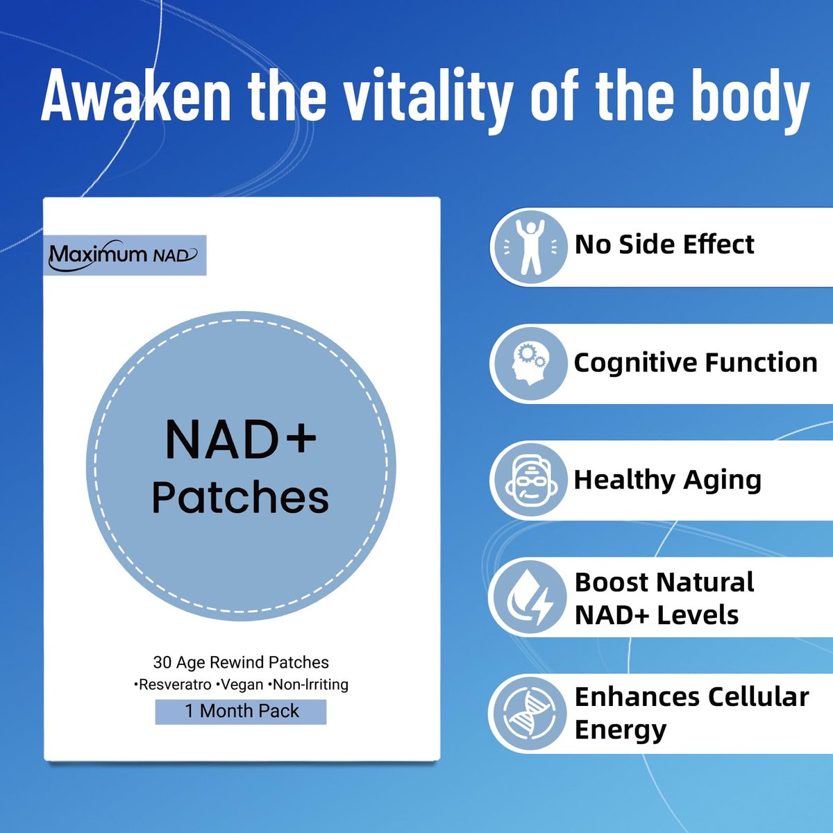 NAD+ Patches für Frauen & Männer mit Nicotinamid und Resveratrol – 30 Pflaster, Premium 8-Stunden-Formel mit verlängerter Wirkung, vegan