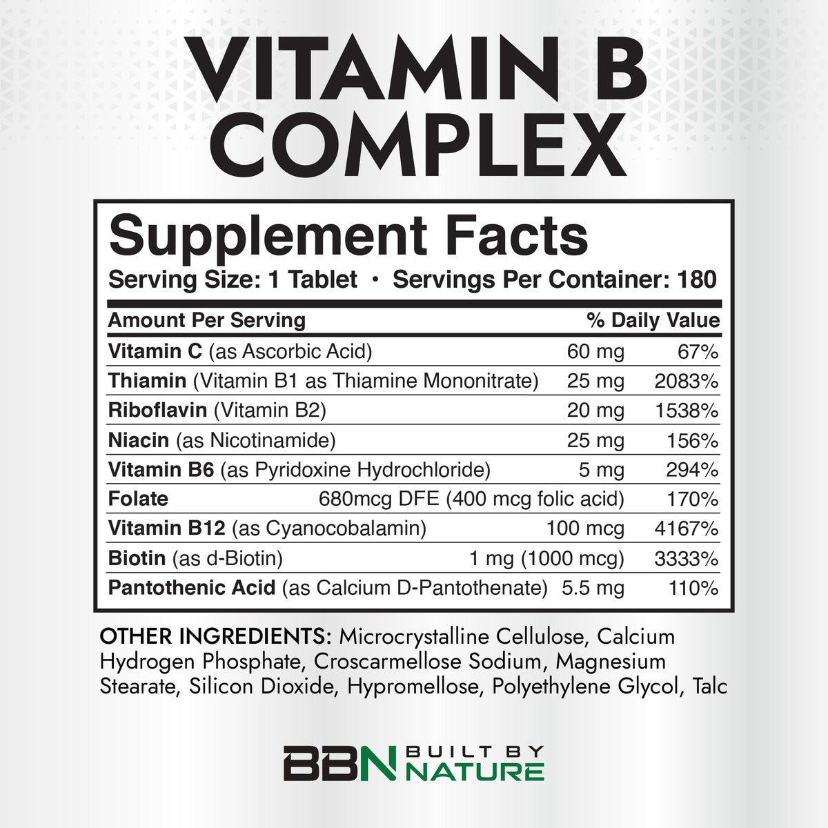 Built by Nature Vitamin B Komplex – Super B Komplex Vitamine für Frauen & Männer – Energie, Stress & Immununterstützung – Hochpotente B-Vitamine mit B12 – 180 Tabletten