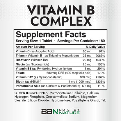 Built by Nature Vitamin B Komplex – Super B Komplex Vitamine für Frauen & Männer – Energie, Stress & Immununterstützung – Hochpotente B-Vitamine mit B12 – 180 Tabletten