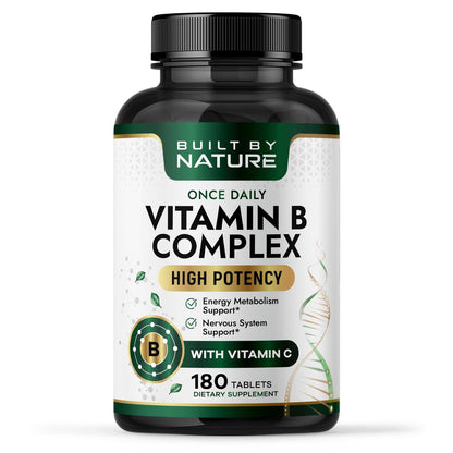 Built by Nature Vitamin B Komplex – Super B Komplex Vitamine für Frauen & Männer – Energie, Stress & Immununterstützung – Hochpotente B-Vitamine mit B12 – 180 Tabletten
