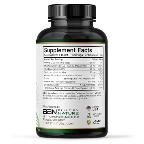 Built by Nature Vitamin B Komplex – Super B Komplex Vitamine für Frauen & Männer – Energie, Stress & Immununterstützung – Hochpotente B-Vitamine mit B12 – 180 Tabletten