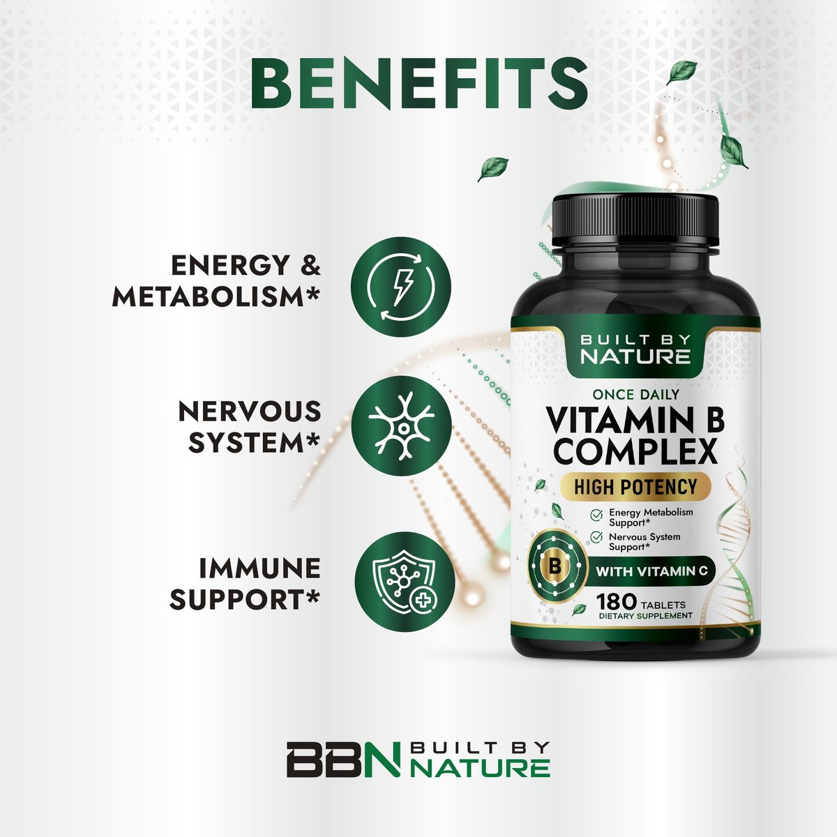 Built by Nature Vitamin B Komplex – Super B Komplex Vitamine für Frauen & Männer – Energie, Stress & Immununterstützung – Hochpotente B-Vitamine mit B12 – 180 Tabletten