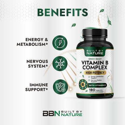 Built by Nature Vitamin B Komplex – Super B Komplex Vitamine für Frauen & Männer – Energie, Stress & Immununterstützung – Hochpotente B-Vitamine mit B12 – 180 Tabletten