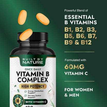 Built by Nature Vitamin B Komplex – Super B Komplex Vitamine für Frauen & Männer – Energie, Stress & Immununterstützung – Hochpotente B-Vitamine mit B12 – 180 Tabletten