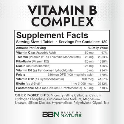 Built by Nature Vitamin B Komplex – Super B Komplex Vitamine für Frauen & Männer – Energie, Stress & Immununterstützung – Hochpotente B-Vitamine mit B12 – 180 Tabletten