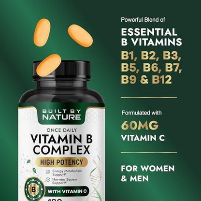 Built by Nature Vitamin B Komplex – Super B Komplex Vitamine für Frauen & Männer – Energie, Stress & Immununterstützung – Hochpotente B-Vitamine mit B12 – 180 Tabletten