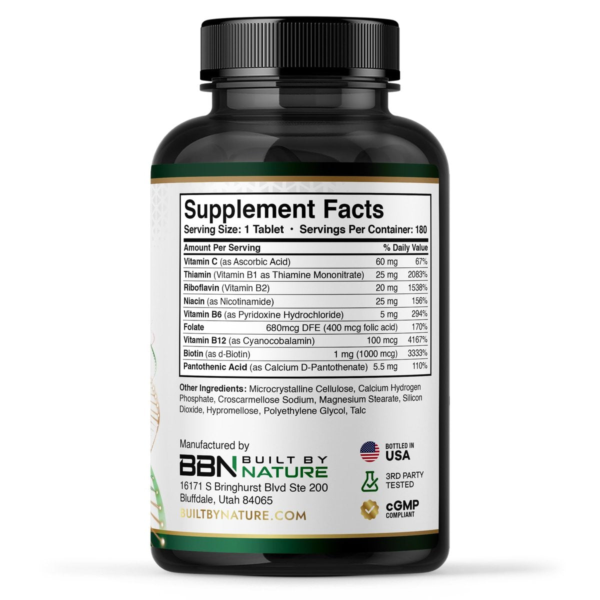 Built by Nature Vitamin B Komplex – Super B Komplex Vitamine für Frauen & Männer – Energie, Stress & Immununterstützung – Hochpotente B-Vitamine mit B12 – 180 Tabletten