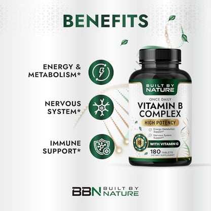 Built by Nature Vitamin B Komplex – Super B Komplex Vitamine für Frauen & Männer – Energie, Stress & Immununterstützung – Hochpotente B-Vitamine mit B12 – 180 Tabletten