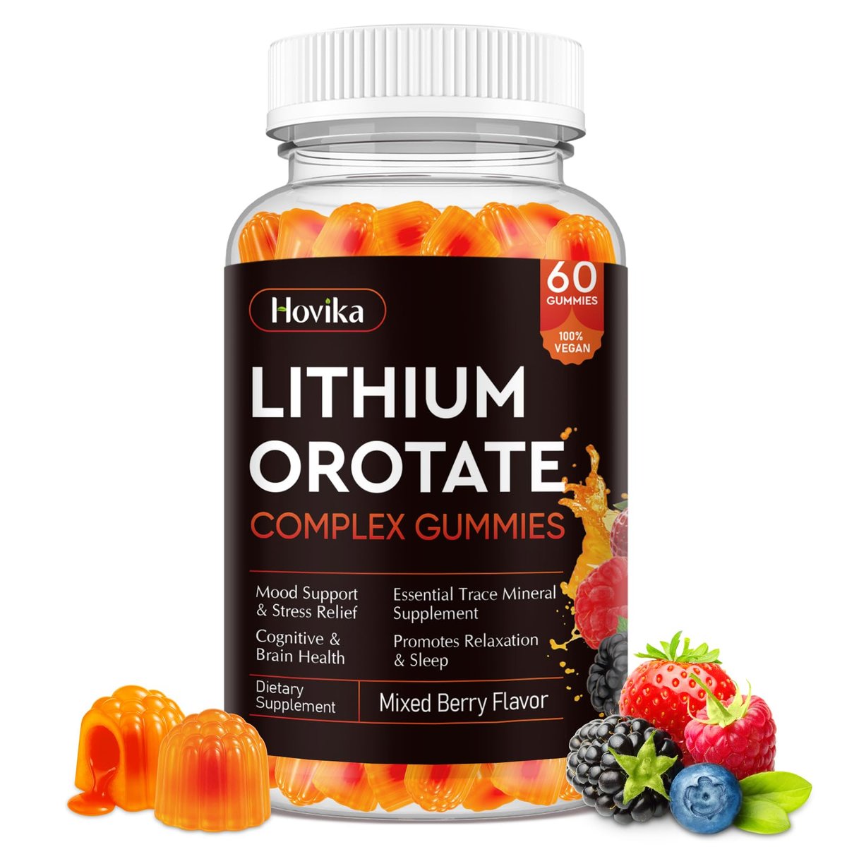 Lithium-Orotat 5 mg / 10 mg Gummis – Lithiumpräparat mit Vitamin B, Magnesium & Selen für Stimmungsunterstützung, Stressabbau, Gehirngesundheit – Nicht-GVO, vegan, glutenfrei – Mischbeerengeschmack, 60 Gummis