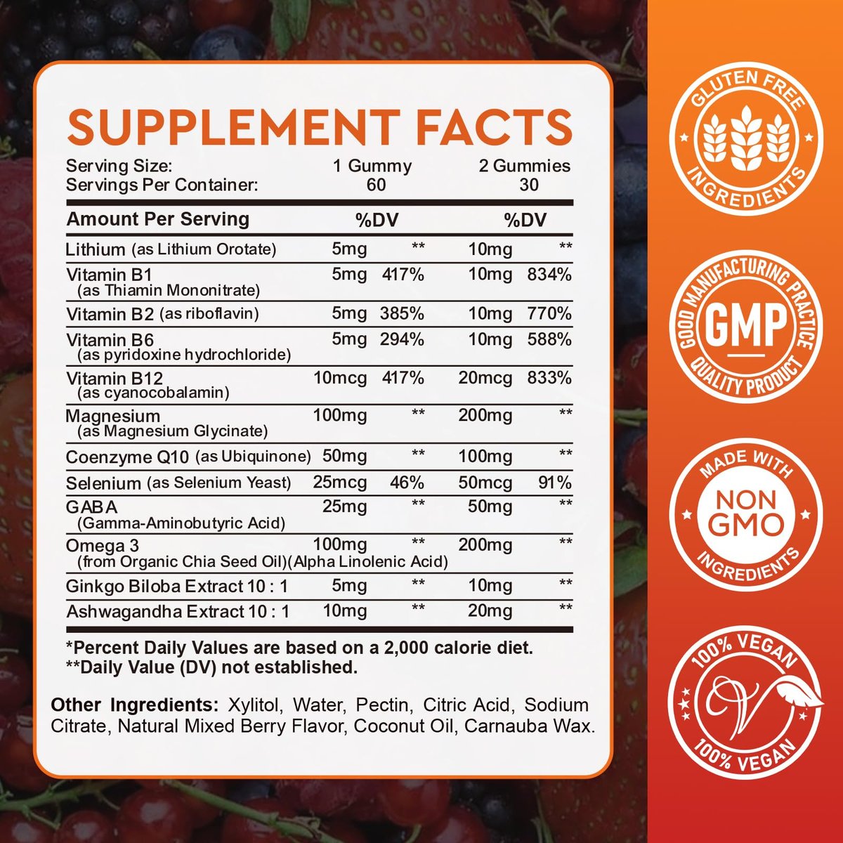 Lithium-Orotat 5 mg / 10 mg Gummis – Lithiumpräparat mit Vitamin B, Magnesium & Selen für Stimmungsunterstützung, Stressabbau, Gehirngesundheit – Nicht-GVO, vegan, glutenfrei – Mischbeerengeschmack, 60 Gummis
