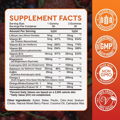Lithium-Orotat 5 mg / 10 mg Gummis – Lithiumpräparat mit Vitamin B, Magnesium & Selen für Stimmungsunterstützung, Stressabbau, Gehirngesundheit – Nicht-GVO, vegan, glutenfrei – Mischbeerengeschmack, 60 Gummis