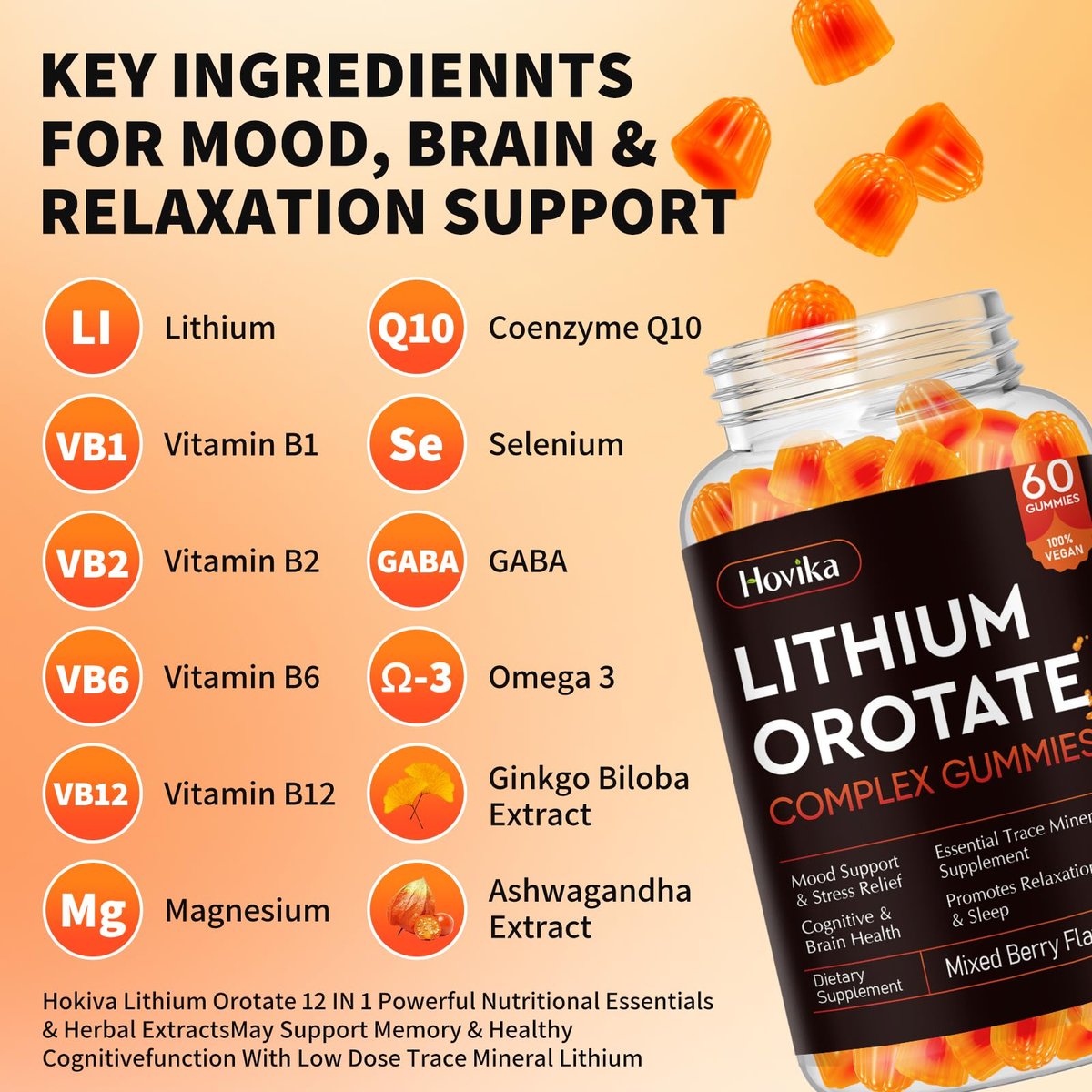 Lithium-Orotat 5 mg / 10 mg Gummis – Lithiumpräparat mit Vitamin B, Magnesium & Selen für Stimmungsunterstützung, Stressabbau, Gehirngesundheit – Nicht-GVO, vegan, glutenfrei – Mischbeerengeschmack, 60 Gummis