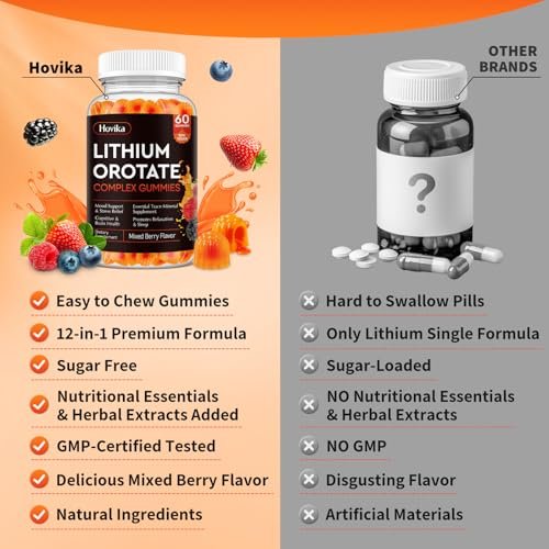 Lithium-Orotat 5 mg / 10 mg Gummis – Lithiumpräparat mit Vitamin B, Magnesium & Selen für Stimmungsunterstützung, Stressabbau, Gehirngesundheit – Nicht-GVO, vegan, glutenfrei – Mischbeerengeschmack, 60 Gummis