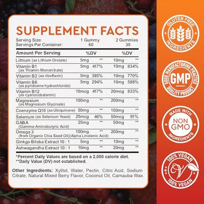 Lithium-Orotat 5 mg / 10 mg Gummis – Lithiumpräparat mit Vitamin B, Magnesium & Selen für Stimmungsunterstützung, Stressabbau, Gehirngesundheit – Nicht-GVO, vegan, glutenfrei – Mischbeerengeschmack, 60 Gummis