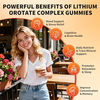 Lithium-Orotat 5 mg / 10 mg Gummis – Lithiumpräparat mit Vitamin B, Magnesium & Selen für Stimmungsunterstützung, Stressabbau, Gehirngesundheit – Nicht-GVO, vegan, glutenfrei – Mischbeerengeschmack, 60 Gummis