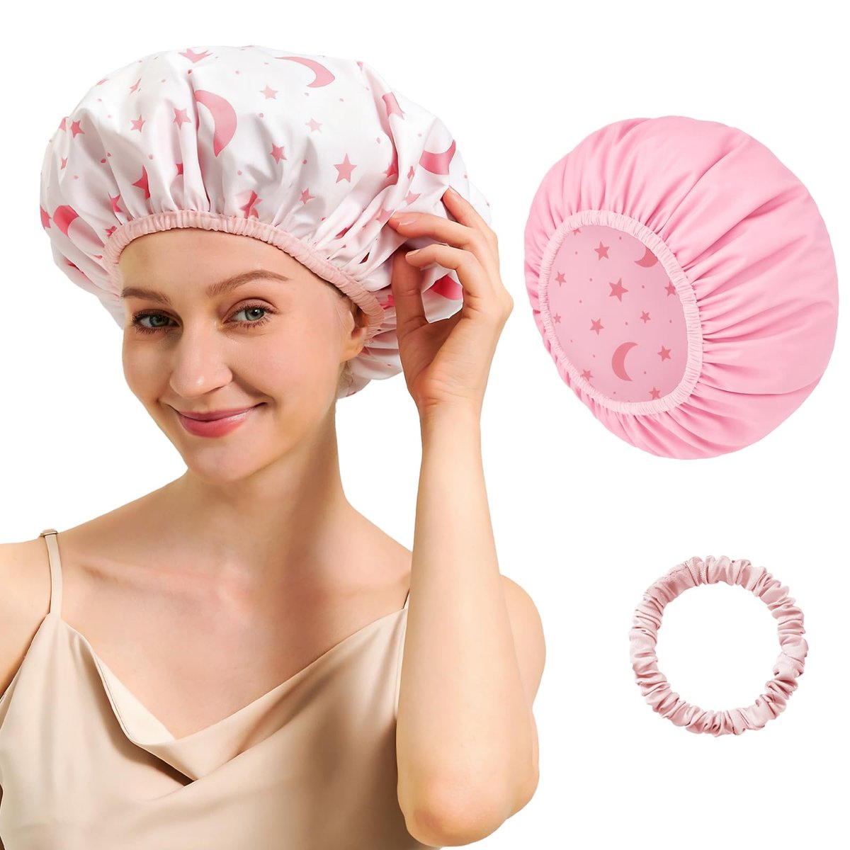 Wendbare Duschhaube für Frauen – Wasserdicht, wiederverwendbar, doppellagig, große Duschhaube mit elastischem Band, rutschfest, waschbar, für Zöpfe & langes Haar