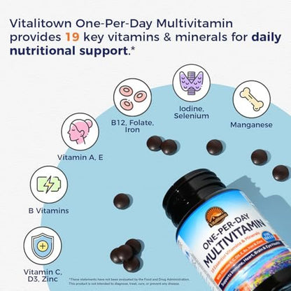 Vitalitown Multivitamin für Frauen & Männer, mit Eisen, Zink, Vitamin D3, A, C, B, E, 19 wichtige Nährstoffe, 1 Tablette pro Tag, für Energie, Immunsystem, Gehirn, Herzunterstützung, 120 Tabletten
