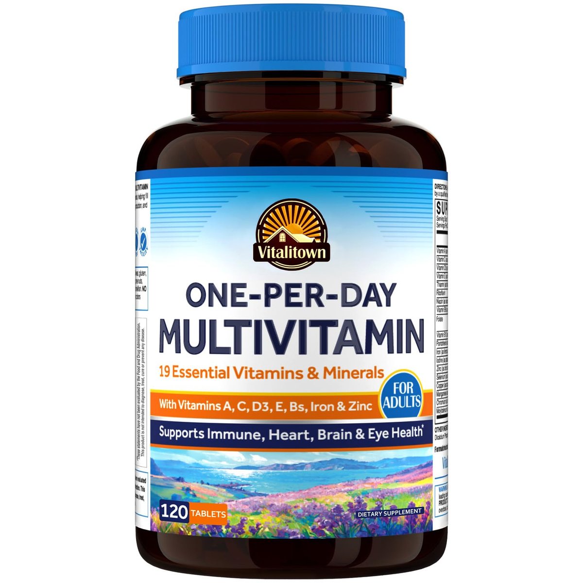 Vitalitown Multivitamin für Frauen & Männer, mit Eisen, Zink, Vitamin D3, A, C, B, E, 19 wichtige Nährstoffe, 1 Tablette pro Tag, für Energie, Immunsystem, Gehirn, Herzunterstützung, 120 Tabletten