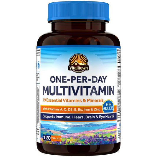 Vitalitown Multivitamin für Frauen & Männer, mit Eisen, Zink, Vitamin D3, A, C, B, E, 19 wichtige Nährstoffe, 1 Tablette pro Tag, für Energie, Immunsystem, Gehirn, Herzunterstützung, 120 Tabletten