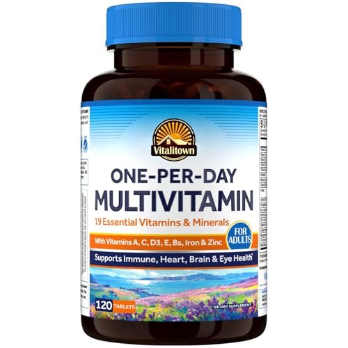 Vitalitown Multivitamin für Frauen & Männer, mit Eisen, Zink, Vitamin D3, A, C, B, E, 19 wichtige Nährstoffe, 1 Tablette pro Tag, für Energie, Immunsystem, Gehirn, Herzunterstützung, 120 Tabletten