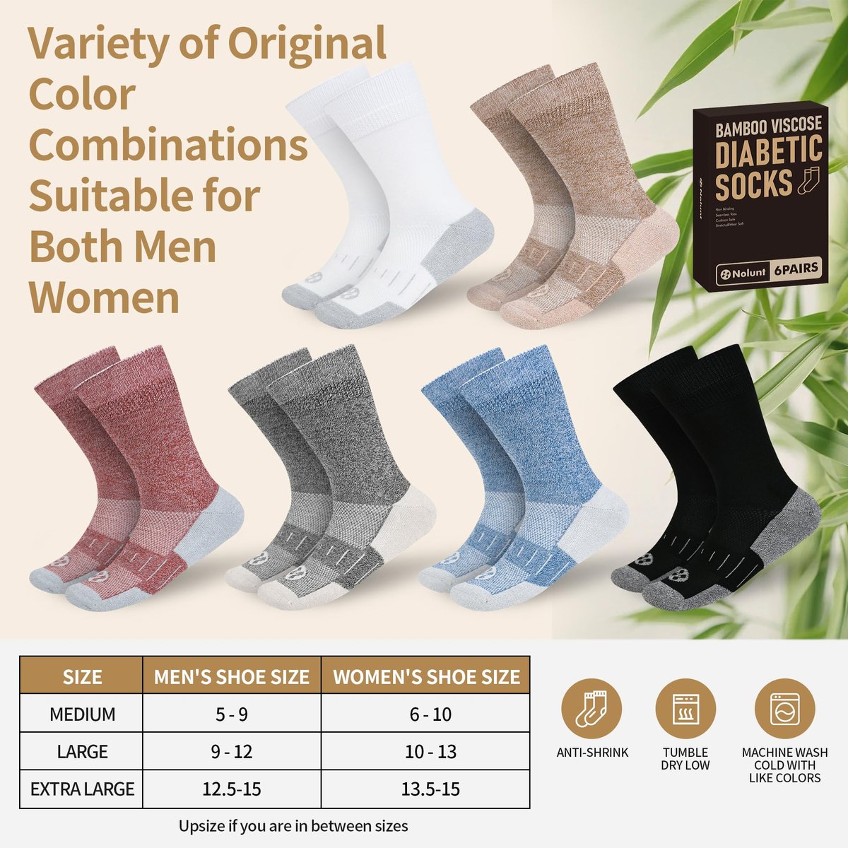 NOLUNT Diabetikersocken für Herren, 6 Paar Non-Binding Crewe-Socken für diabetische Neuropathie, Größen 9-12, 10-13, 13-15 (Tiefgrau+Braun+Weiß+Tiefblau+Schwarz+Tiefbraun - XL)