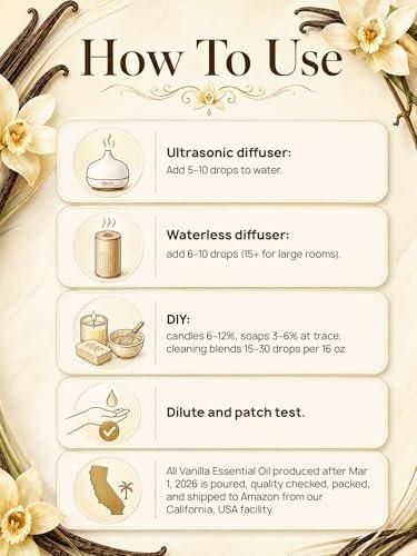 100 % reines Vanille-Essentialöl, 4 Fl Oz, Vanilleöl für Diffuser, Raumduft & Aromatherapie, Ätherische Öle für Diffuser für Zuhause & Hautpflege & Körperpflege, Kerzenduft für Kerzenherstellung