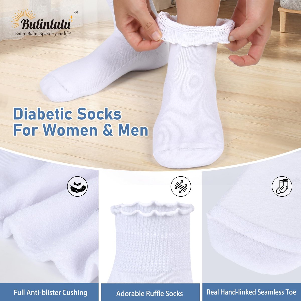 Bulinlulu Diabetikersocken für Damen – 6 Paar nicht einschnürende Neuropathie-Socken für Damen Größe 6-9 9-11 (Rüschen-Gruppe G-M)