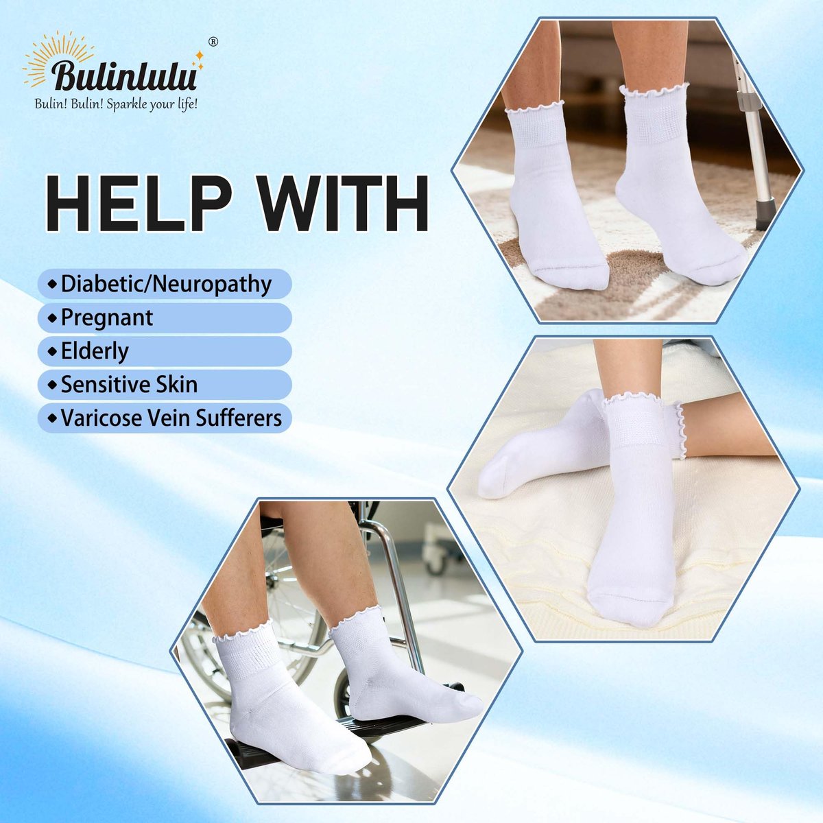 Bulinlulu Diabetikersocken für Damen – 6 Paar nicht einschnürende Neuropathie-Socken für Damen Größe 6-9 9-11 (Rüschen-Gruppe G-M)