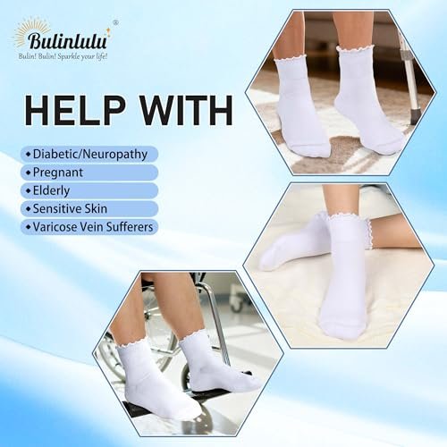 Bulinlulu Diabetikersocken für Damen – 6 Paar nicht einschnürende Neuropathie-Socken für Damen Größe 6-9 9-11 (Rüschen-Gruppe G-M)