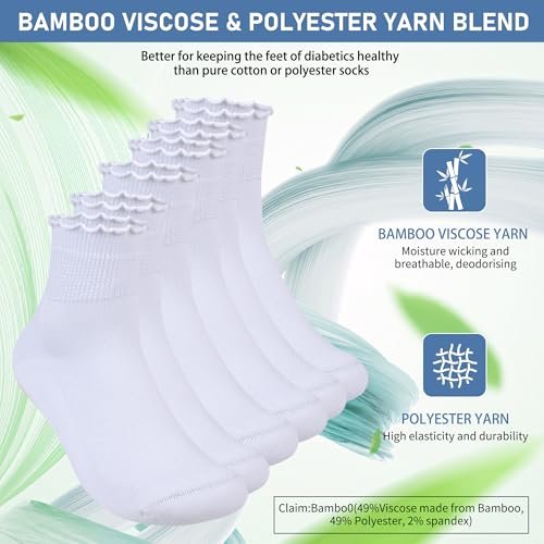 Bulinlulu Diabetikersocken für Damen – 6 Paar nicht einschnürende Neuropathie-Socken für Damen Größe 6-9 9-11 (Rüschen-Gruppe G-M)