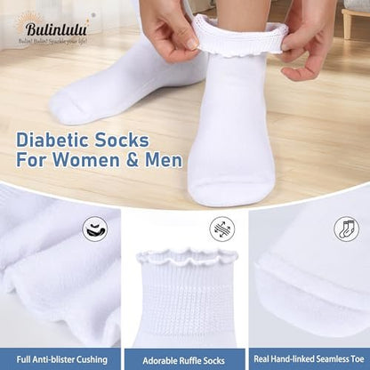 Bulinlulu Diabetikersocken für Damen – 6 Paar nicht einschnürende Neuropathie-Socken für Damen Größe 6-9 9-11 (Rüschen-Gruppe G-M)