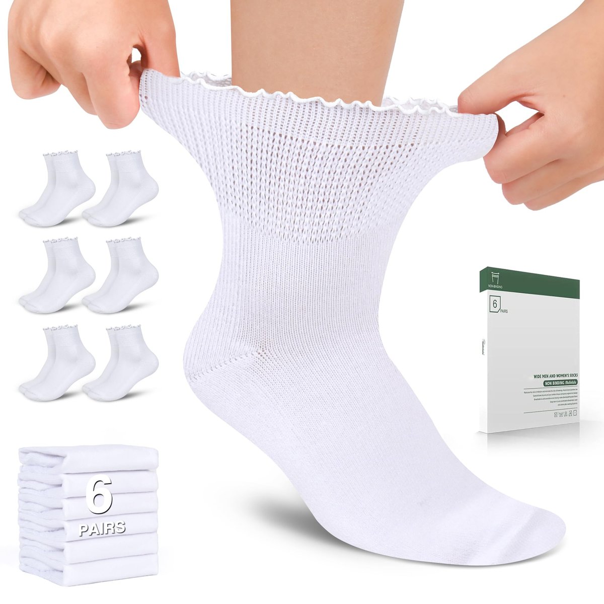 Bulinlulu Diabetikersocken für Damen – 6 Paar nicht einschnürende Neuropathie-Socken für Damen Größe 6-9 9-11 (Rüschen-Gruppe G-M)