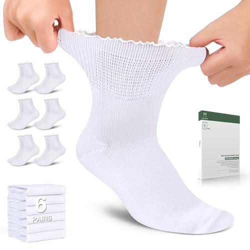 Bulinlulu Diabetikersocken für Damen – 6 Paar nicht einschnürende Neuropathie-Socken für Damen Größe 6-9 9-11 (Rüschen-Gruppe G-M)