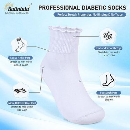 Bulinlulu Diabetikersocken für Damen – 6 Paar nicht einschnürende Neuropathie-Socken für Damen Größe 6-9 9-11 (Rüschen-Gruppe G-M)