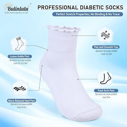 Bulinlulu Diabetikersocken für Damen – 6 Paar nicht einschnürende Neuropathie-Socken für Damen Größe 6-9 9-11 (Rüschen-Gruppe G-M)