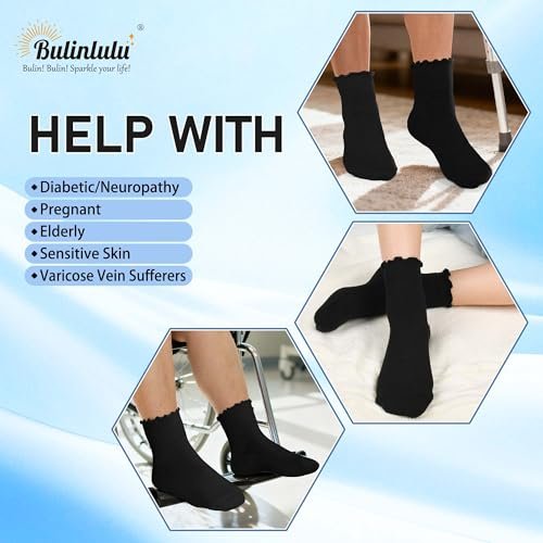 Bulinlulu Diabetikersocken für Damen – 6 Paar nicht einschnürende Neuropathie-Socken für Damen Größe 6-9 (Rüschen-Gruppe F-M)