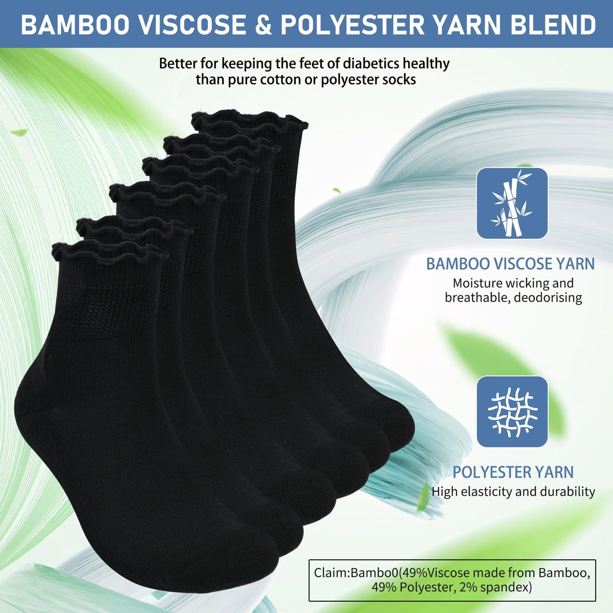 Bulinlulu Diabetikersocken für Damen – 6 Paar nicht einschnürende Neuropathie-Socken für Damen Größe 6-9 (Rüschen-Gruppe F-M)