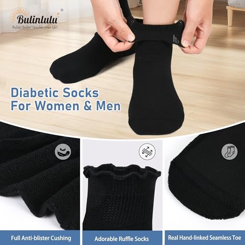 Bulinlulu Diabetikersocken für Damen – 6 Paar nicht einschnürende Neuropathie-Socken für Damen Größe 6-9 (Rüschen-Gruppe F-M)