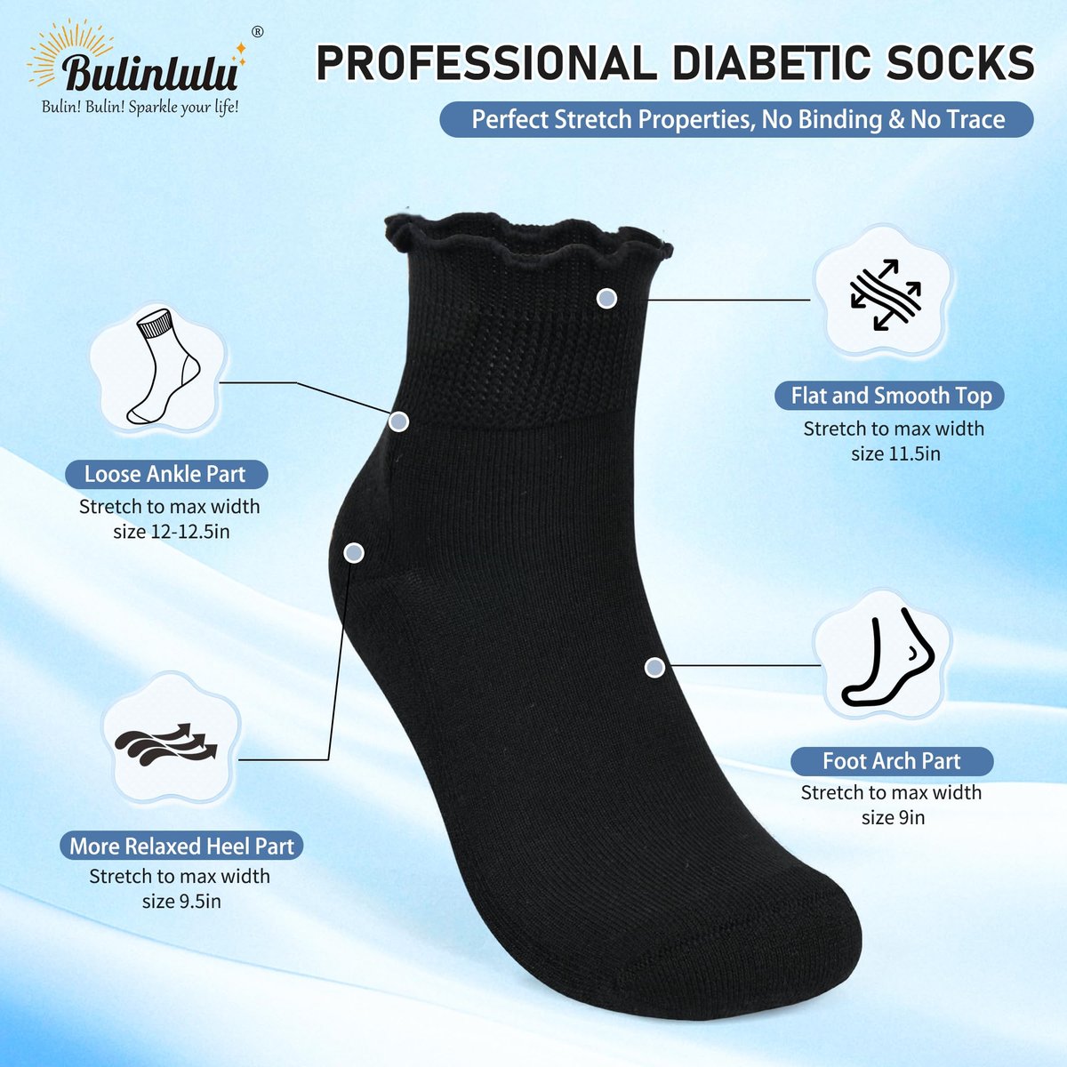 Bulinlulu Diabetikersocken für Damen – 6 Paar nicht einschnürende Neuropathie-Socken für Damen Größe 6-9 (Rüschen-Gruppe F-M)