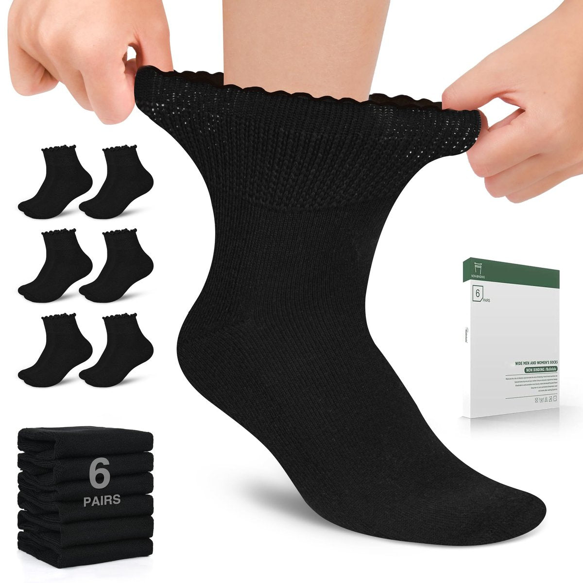 Bulinlulu Diabetikersocken für Damen – 6 Paar nicht einschnürende Neuropathie-Socken für Damen Größe 6-9 (Rüschen-Gruppe F-M)