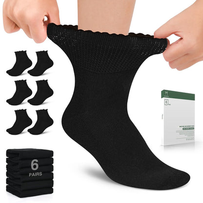 Bulinlulu Diabetikersocken für Damen – 6 Paar nicht einschnürende Neuropathie-Socken für Damen Größe 6-9 (Rüschen-Gruppe F-M)