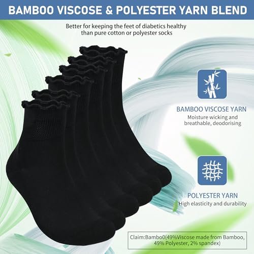 Bulinlulu Diabetikersocken für Damen – 6 Paar nicht einschnürende Neuropathie-Socken für Damen Größe 6-9 (Rüschen-Gruppe F-M)